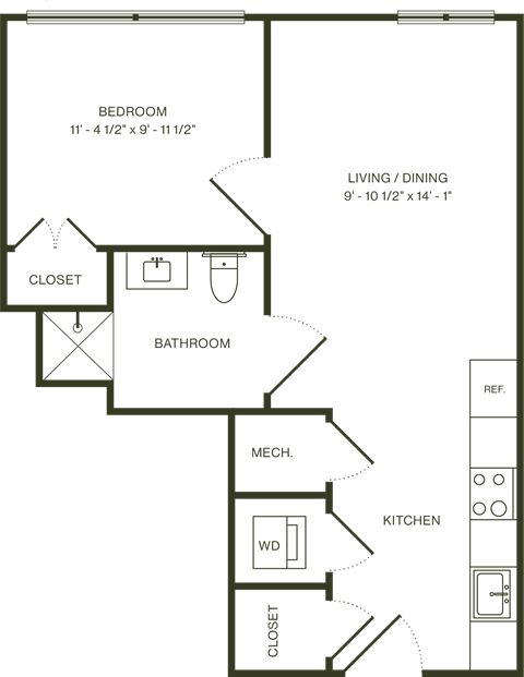 Floor plan for 1 bed, 1 bath, 522 sqft